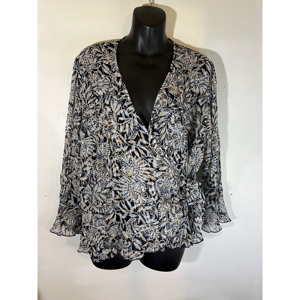90s Y2K-size XL-studio 1940 Blue White Mesh Floral Blouse Office Home Casual Mom